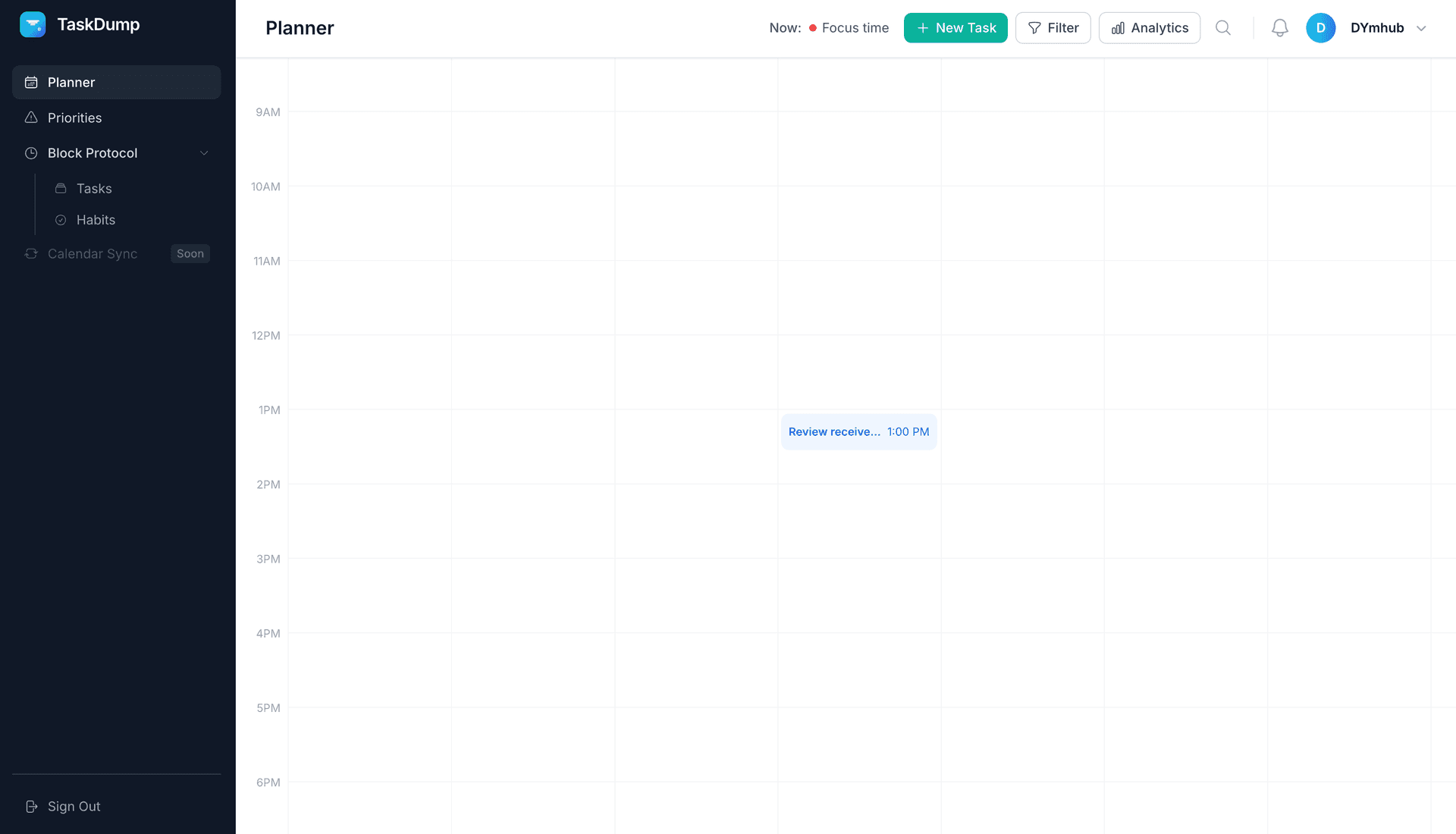 TaskDump app interface showing AI-powered task management